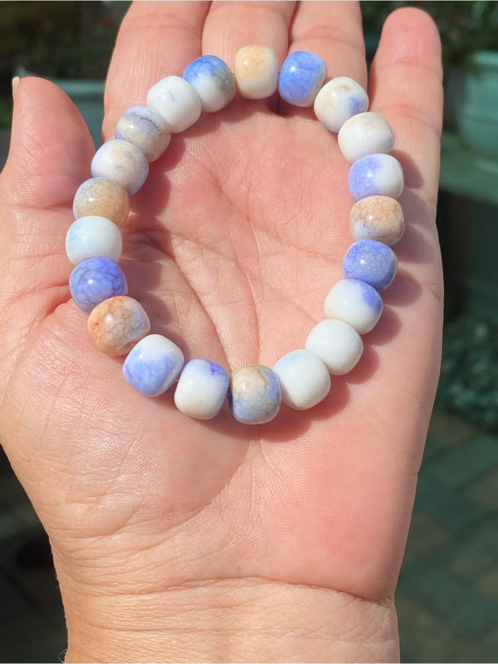 Blue and Cream Agate Beaded Bracelet